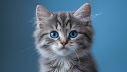 Obraz premium Funny smiling gray tabby cute kitten with blue eyes. Image of an adorable fluffy cat.