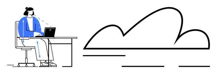 Individual working on a laptop at a desk, connected to a cloud graphic. Ideal for remote work, technology, digital connection, data storage, innovation, productivity, flat simple metaphor