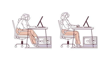 Correct and incorrect postures for work at computer side view. Right and wrong positions of sitting at office desk. Pose for spine, neck. Flat isolated contour vector illustrations on white background