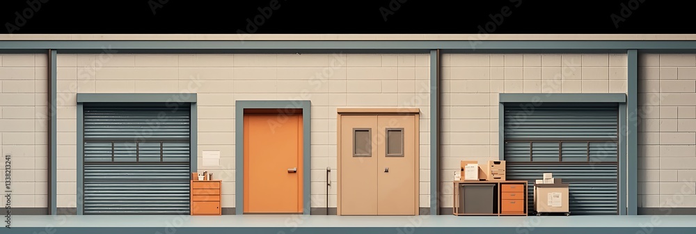 Poster a minimalist scene featuring a series of storage units with a single door and various office items a