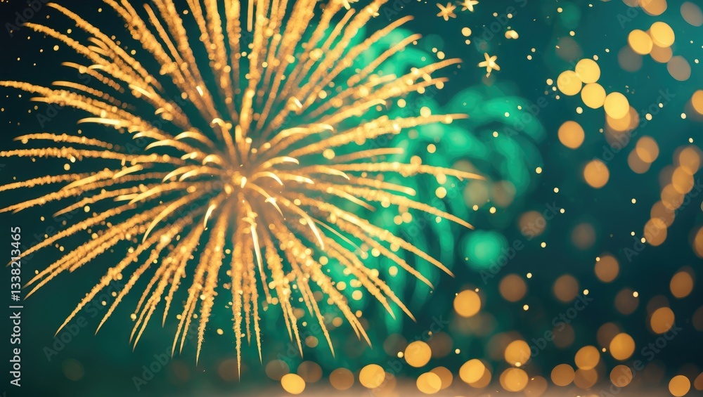 Poster gold and green fireworks with bokeh and empty space. abstract holiday background.