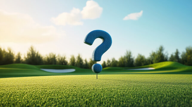 3D blue question mark stands on golf course, surrounded by lush green grass and trees, evoking curiosity and contemplation about game