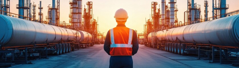 Worker observing industrial scene with pipelines and sunset in background.