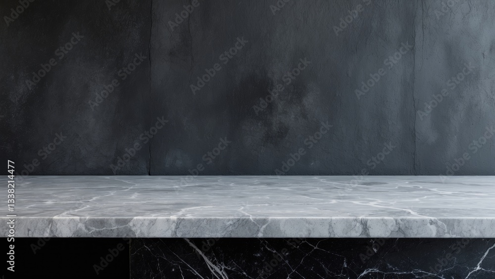 Poster empty grey marble tabletop set against a dark black cement stone background for product display in a