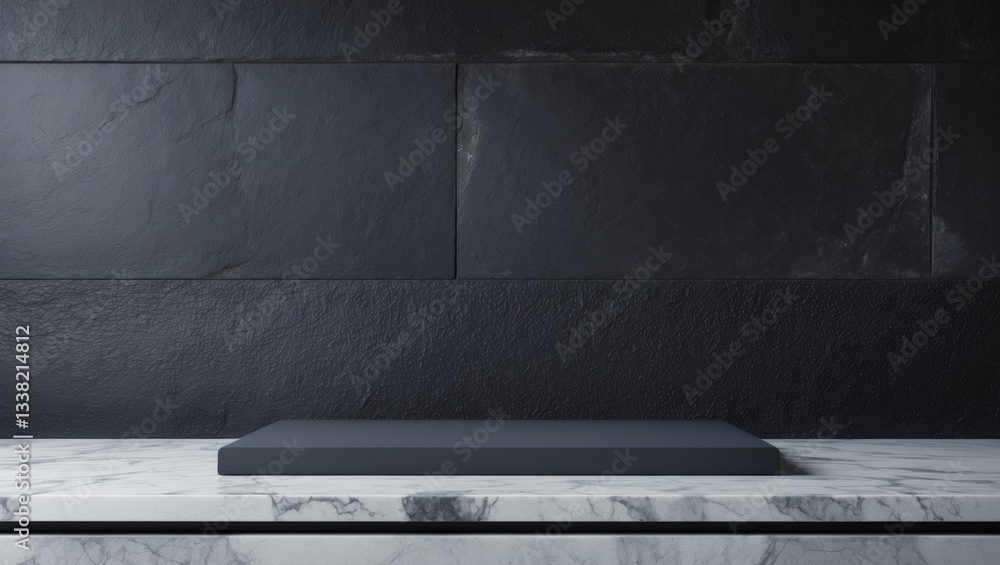 Poster empty grey marble tabletop set against a dark black cement stone background for product display in a
