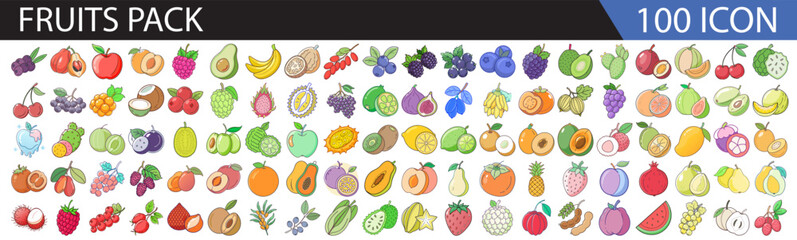 Fruits Icon Set – 100 Colorful Flat Design Fruit Icons for Food, Health, and Organic Projects-A deliciously colorful set of 100 flat design fruit icons, perfect for food, nutrition, wellness,