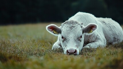 Fototapeta premium Rural Cow: Unwell, lying on grass, melancholic atmosphere