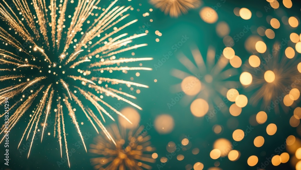 Poster gold and green fireworks with bokeh and empty space. abstract holiday background.