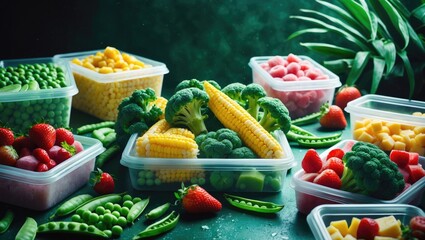 Food in winter, freezing fresh vegetables during summer in the refrigerator, assorted frozen vegetables in plastic containers above and below the background, with copy space.