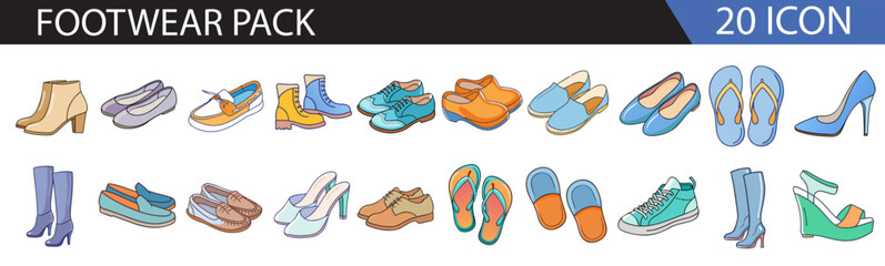 Footwear Icon Set – 20 Shoe Designs-A collection of 20 stylish footwear icons, featuring boots, heels, sandals, sneakers, and loafers, ideal for fashion and design projects.  