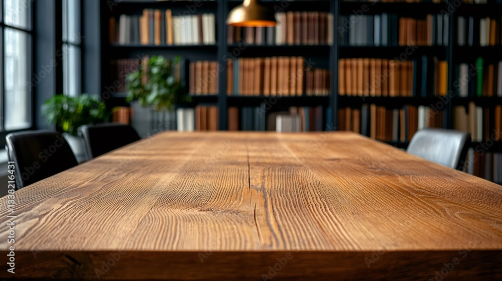 Poster empty wooden table in blurred library background with big window