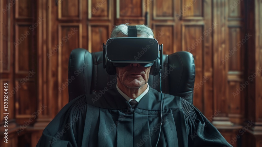 Poster virtual reality trial in a modern judiciary setting featuring a judge