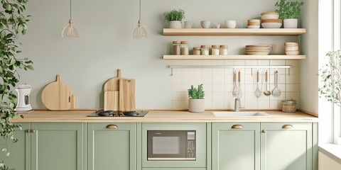 A modern kitchen with plants and wooden countertops is pictured