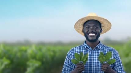 Smiling Farmer Holding Fresh Green Leaves in Bright Field