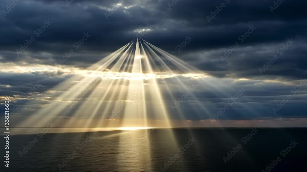 Poster Ocean view with sun rays shining through the clouds creating a beautiful scene at sunset time