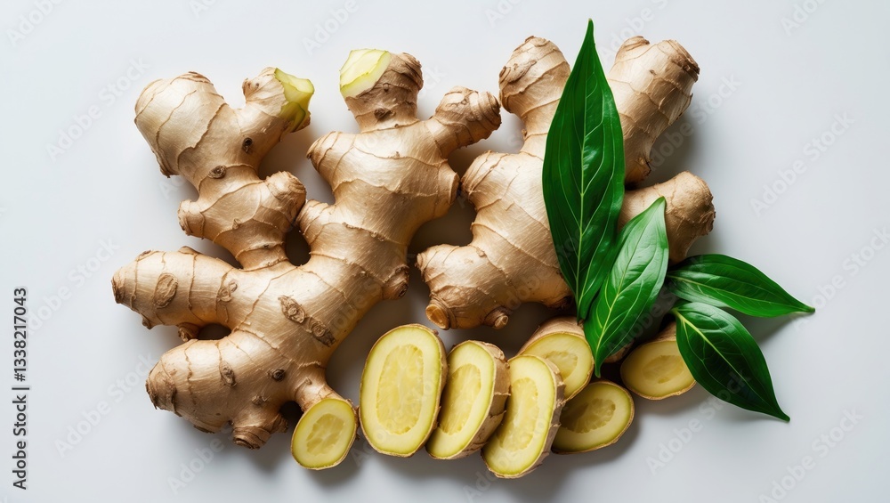 Poster ginger root accompanied by sliced pieces and green leaves, isolated on a background with clipping pa