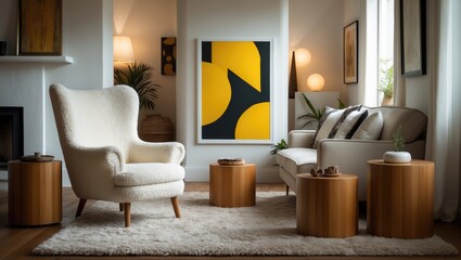Interior design of a harmonious living room featuring a mock-up poster frame, a white boucle armchair, wooden coffee tables, decorations, and personal accessories. Cozy home dÃ©cor.