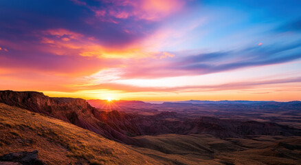 Naklejka premium stunning sunset over desert landscape in western Utah, showcasing vibrant colors and dramatic skies. scene evokes sense of tranquility and awe