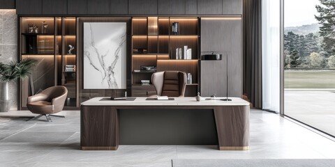 A Modern Office Interior with Large Desk and Natural Light