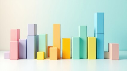 Spectrum of stacked multi-colored wooden blocks with white space in front. Creative background or cover for something diverse, expanding, rising, or growing. Slanted perspective.