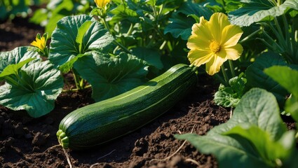 Fresh green zucchini maturing in the garden. Young vegetable and blooms. Fresh farm produce, harvest from organic farm.
