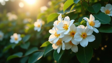 White Flowers of a Climbing Rose blooming in a Garden.