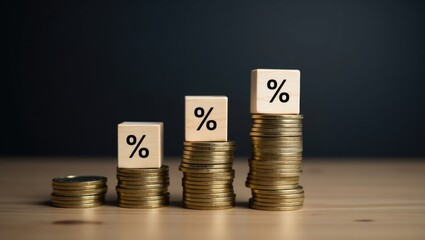 Wood blocks featuring a percentage symbol on a stack of coins, indicating an increase in percentage related to increased money.