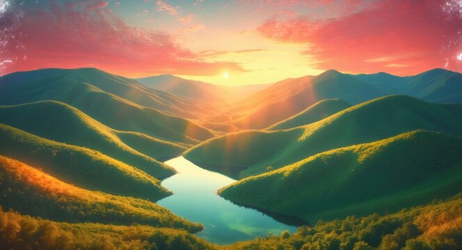 Forest on the mountain with light falling on a clearing amid the mountains at sunset against a sky background.