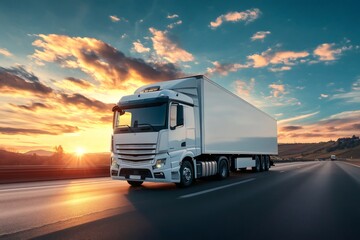 Obraz premium White truck driving fast on a highway at sunset
