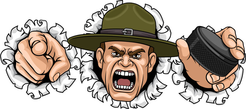 An angry drill instructor or sergeant bootcamp army soldier cartoon character holding hockey puck and pointing ice hockey sports team mascot illustration.