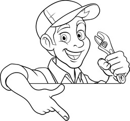 A mechanic or plumber handyman cartoon mascot man holding a wrench or spanner peeking around a sign and pointing at it