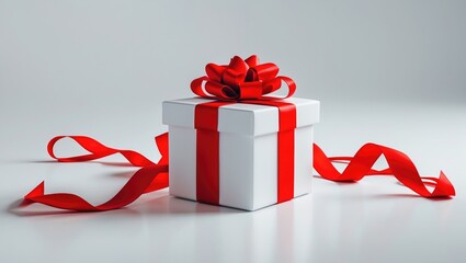 Gift box in white with red ribbon bow, isolated on a white background.