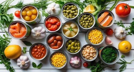 Food background featuring tin cans. Canned vegetables, beans, fish, and fruits arranged on a white wooden surface.