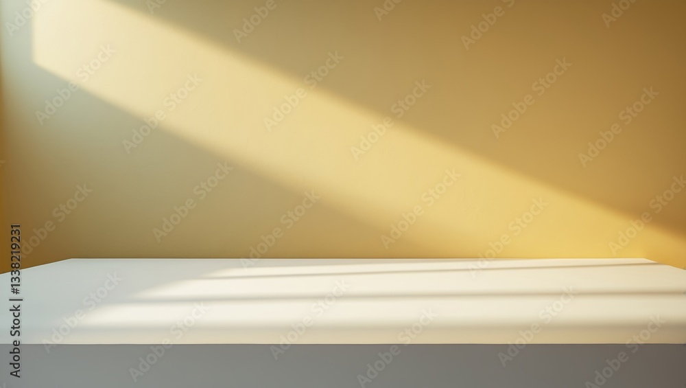 Poster white table against a yellow wall backdrop. composition featuring abstract light and shadows. mock-u