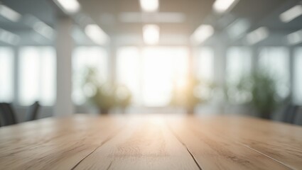 Wood table top on blurred open workspace. Abstract bokeh light in office interior background for design.