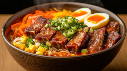 Fototapeta premium bowl of homemade ribs noodles featuring tender ribs, vibrant vegetables, and soft boiled eggs, creating delicious and comforting meal