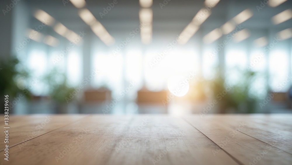 Aufkleber wood table surface in a blurred vacant open office space. abstract bokeh light in the background of 