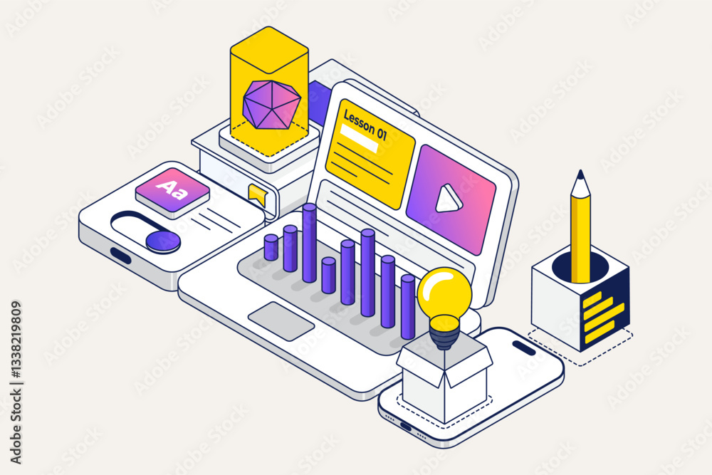 Poster modern isometric concept of learning and reading books. online education landing page template. trai