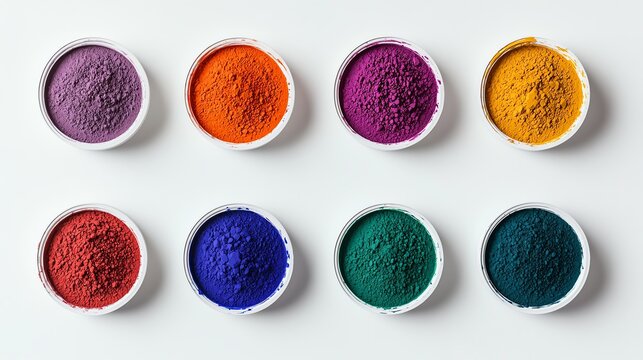 Colorful powdered pigments arranged in bowls on a white background, ideal for art and design projects.