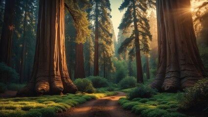 Obraz premium Giant ancient sequoia trees in a woodland area.