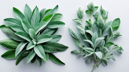 Fresh sage herb separated against a white background featuring full depth of field.
