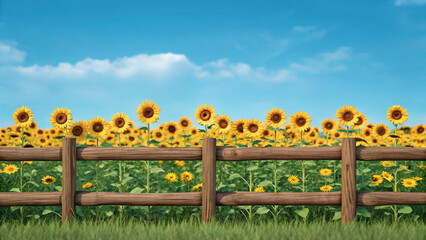 Sunflower,summer vibrant sunflower field with rustic wooden fence under blue sky