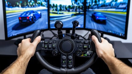 Racing game in progress with a racing wheel