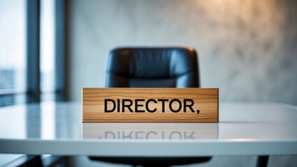 Wooden office plate for director on glossy white table with vacant chair in the room.