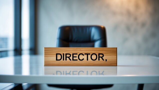 Wooden office plate for director on glossy white table with vacant chair in the room.