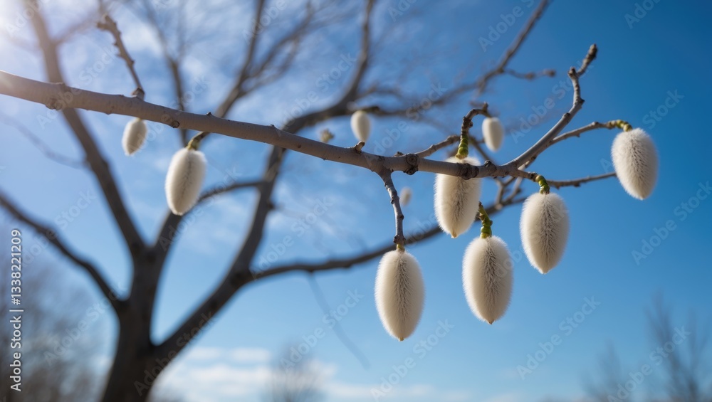 Poster observe the gentle sign of spring with the white catkins as they thrive on delicate branches under a