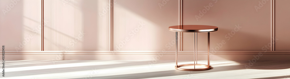 Poster photograph of a rose gold side table with a circular top on an empty background