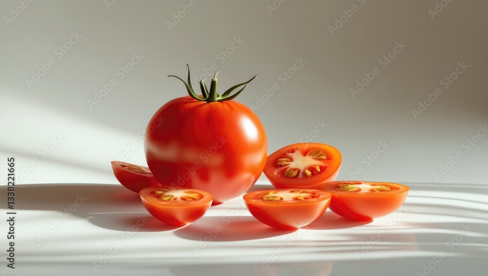 Poster set of cherry tomatoes and sliced tomatoes isolated on a background. close-up shot.