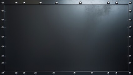 black steel sheet with rivet border, textured grunge metal plate of darkness, iron post or beam or metallic sign, close-up view allowing for background copy space