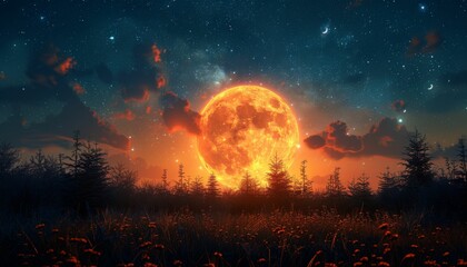 A large orange moon is in the sky above a field of flowers